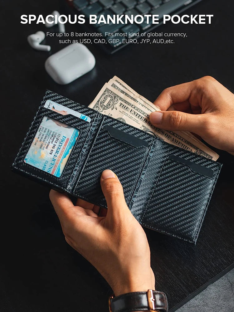 Porta cartão de crédito masculino dobrável com compartimento para moedas e notas